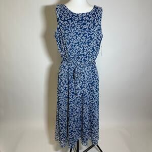 NWD MSK Blue White Floral Sleeveless Tie Belt Midi Dress Womens Petite Size 16P